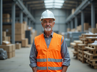 Aging population technology focused on a senior caucasian man in a safety vest and helmet, smiling in a warehouse filled with boxes and wooden pallets, representing workforce and innovation