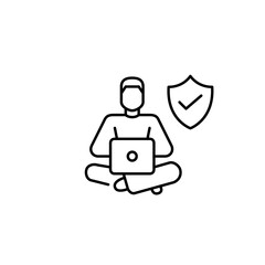Man working at laptop. User privacy protection. Verified user security, trusted remote work, secure digital access, approved device use. Pixel perfect, editable stroke vector icon