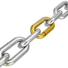 Obraz premium A metallic chain with a single gold link among silver links, symbolizing strength, connection, and uniqueness