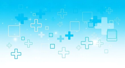 Abstract blue and white background with medical plus signs and geometric shapes, representing healthcare and technology