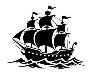 Silhouette of a tall ship sailing through waves