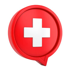 Obraz premium Red 3D location pin icon featuring a prominent white medical cross symbol in the center, representing healthcare or emergency services