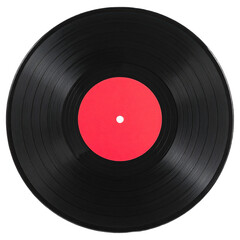 Black vinyl record with a red center label featuring a small white hole in the middle