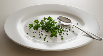 Fresh Herbs on White Plate with Spoon for Cooking Display png
