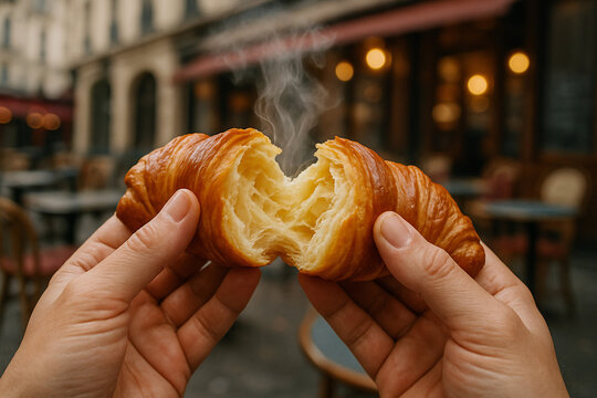 Hands breaking open a fresh, warm croissant.
