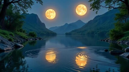 Two full moons over a calm lake surrounded by mountains and trees at night creating reflections