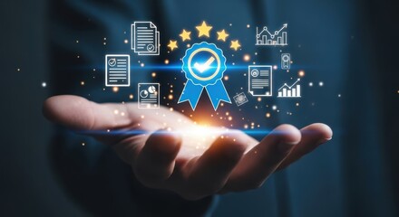 Obraz premium Hand holding glowing award badge with business icons representing quality and success