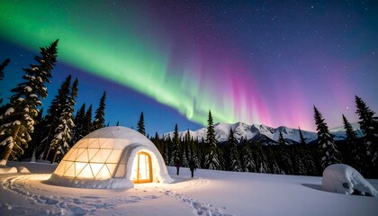 Igloo under aurora borealis