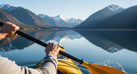 Person kayaking on a tranquil, mirror-like lake reflecting mountains.