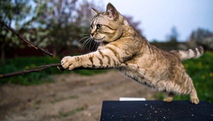 Playful cat leaping at twigs in a garden.