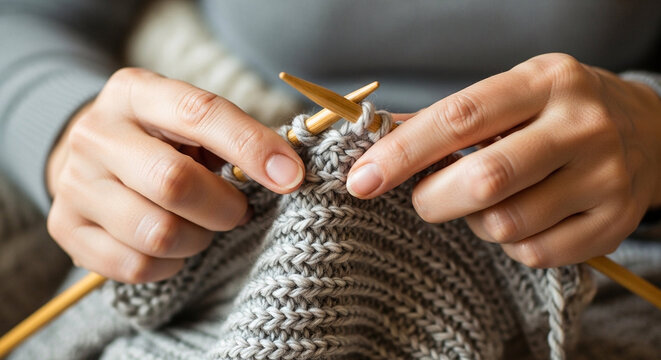 Close-up of hands knitting with gray yarn, a cozy hobby.