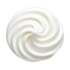Whipped cream swirl with smooth, creamy texture and glossy finish, shaped in a perfect circular pattern with soft, elegant folds radiating from the center