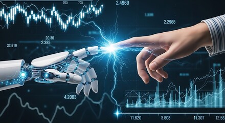 Human and robot hands connecting, symbolizing the future of artificial intelligence and data analysis in technology