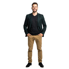 Naklejka premium Smiling young man wearing a black blazer, black t-shirt, khaki pants, and black shoes, standing with hands in pockets and displaying a confident, relaxed posture