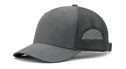 A grey baseball cap with a mesh back is displayed on a white background.