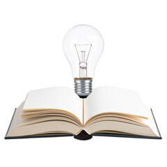 An open book with blank pages and a light bulb positioned above it, symbolizing ideas and knowledge