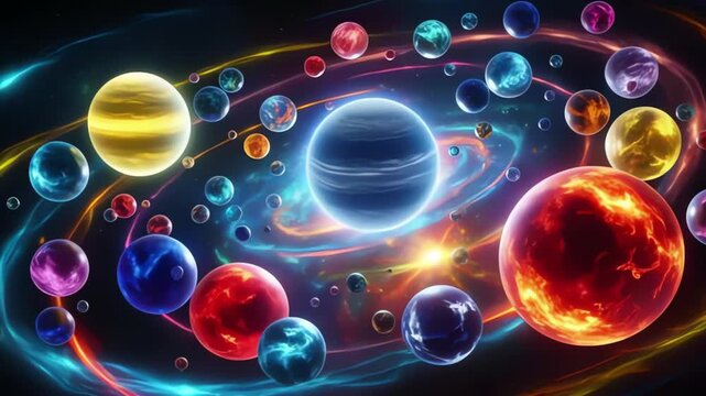 A vibrant array of planets and celestial bodies orbiting in a colorful cosmic space landscape on black background, 4k Vedio