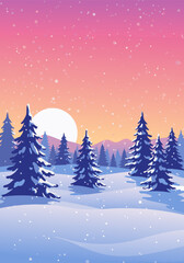 Obraz premium A captivating winter landscape illustration, featuring snow-covered fir trees against a vibrant sunset sky, creating a serene and picturesque vector art scene perfect for a tranquil background.