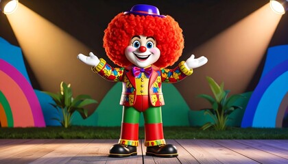 A cheerful clown character stands on a colorful stage, radiating joy and excitement.