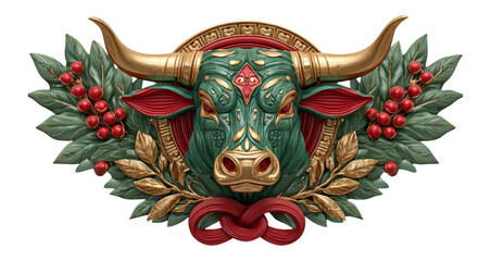 Fototapeta premium Colorful Bull Head Sculpture with Decorative Floral Elements