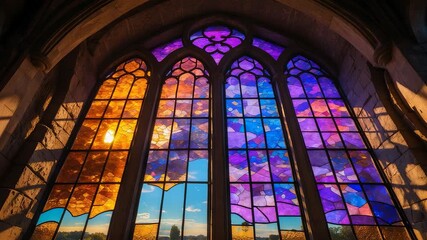 Colorful stained glass cathedral window with vibrant sunlight casting reflections of sky and clouds inside historic architectural interior - Powered by Adobe