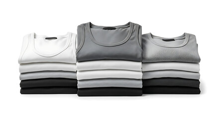 Neatly stacked piles of men's gray, white, and black undershirts.