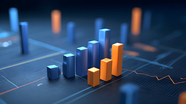 Futuristic Data Analytics: Glowing Blue and Orange 3D Bar Graphs on a Digital Interface.
