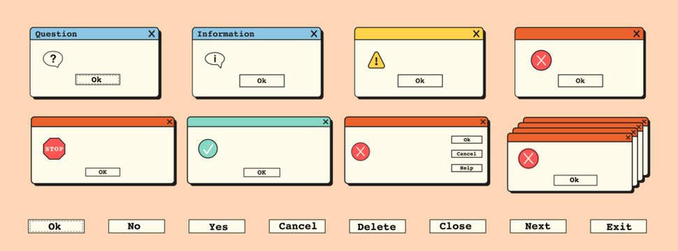 Retro vaporwave error popups and alert windows with surreal warnings, blank 90s computer system dialog box templates, pastel UI elements with messages, and icons. Flat Style Vector Illustration.