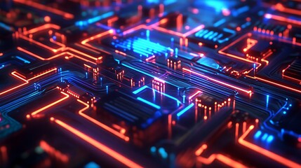 Futuristic Circuit Board with Glowing Blue and Orange Lines technology electronic photo