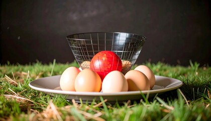 A collection of colorful eggs sits atop a plate, nestled within a modern glass bowl with a geometric design, creating a visually appealing still life arrangement.