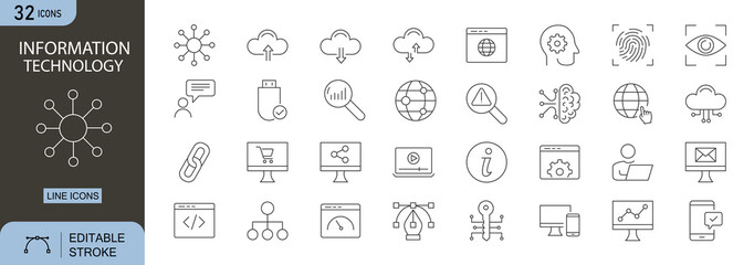 Information Technology icons set. Includes icons for computer, server, cloud, database, network, laptop, smartphone, security, code, and data. Editable stroke, line icons. Perfect for infographics.