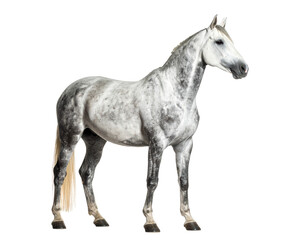 Elegant dappled grey horse standing gracefully against a stark black background