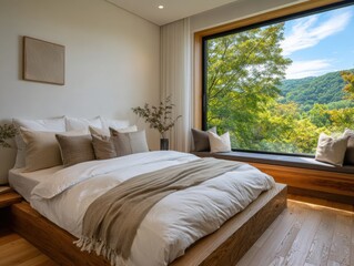 Fototapeta premium A bedroom with a large window overlooking a forest. The bed is made with white sheets and pillows