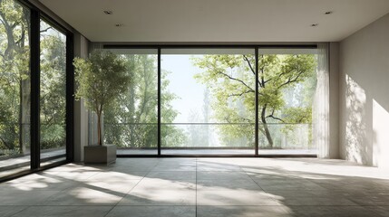 Fototapeta premium The bright and simple spacious living room is equipped with large floor-to-ceiling windows, which provide soft natural light and clear views, reflecting a tranquil and minimalist style.