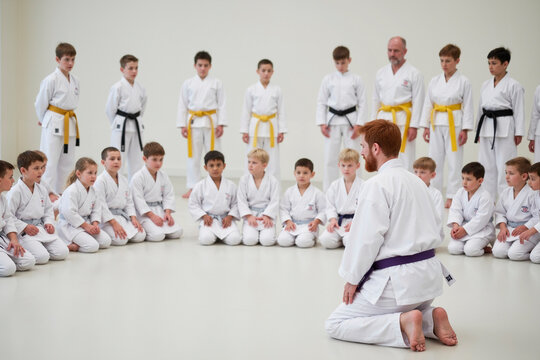 Caucasian male karate instructor kneeling and teaching group of children and teenagers in martial arts uniforms, students sitting in semicircle and listening attentively during class