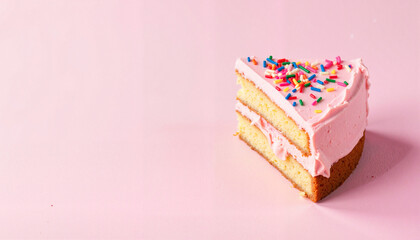 Delicious cake slice with pink frosting and sprinkles, festive celebration