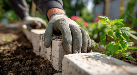 A gloved hand placing a concrete block in a garden bed with green plants and soil in the background