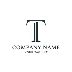 A minimalist and elegant logo design featuring a stylized capital letter T in dark grey on a white background, with placeholder text for company name and tagline.