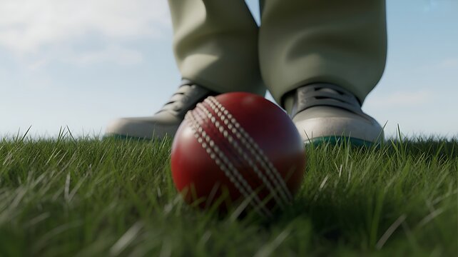 Cricket Ball on Green Grass Ready for Action with Player in Background Sports and Recreation