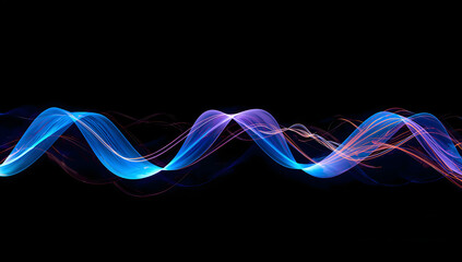 Holographic ribbon wave flowing through darkness, electric blue and violet gradients, long-exposure light trails