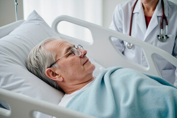 Obraz premium Senior Caucasian man lying in hospital bed resting under blanket while middle aged Caucasian female doctor standing nearby wearing stethoscope and medical coat