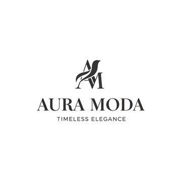 Elegant logo for Aura Moda, showcasing a stylized "A" and "M" intertwined with a chair-like design, emphasizing timeless elegance.