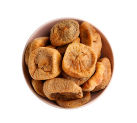 Bowl with sweet dried figs on white background