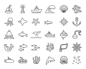 Collection of marine life and nautical icons