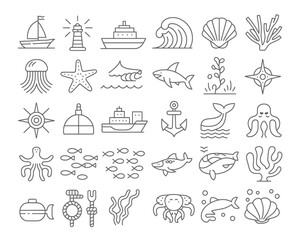 Collection of marine life and nautical icons