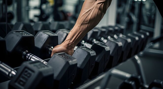 Rows of dumbbells in the gym with a hand.