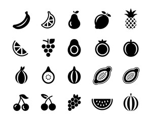 Collection of black and white fruit icons