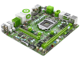Green Circuit Board with Components on Isolated Transparent Background