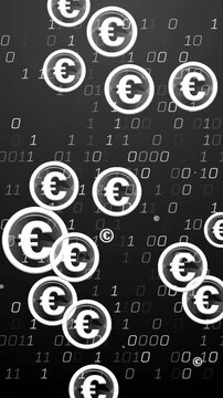 Animation of euro dollar sign, binary coding and financial data processing