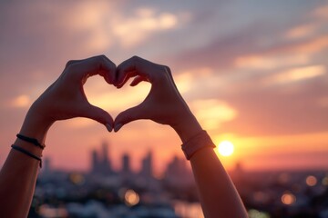 Two hands are raised to form a heart shape during a breathtaking sunset. The vibrant colors illuminate the skyline of a city, creating a romantic atmosphere